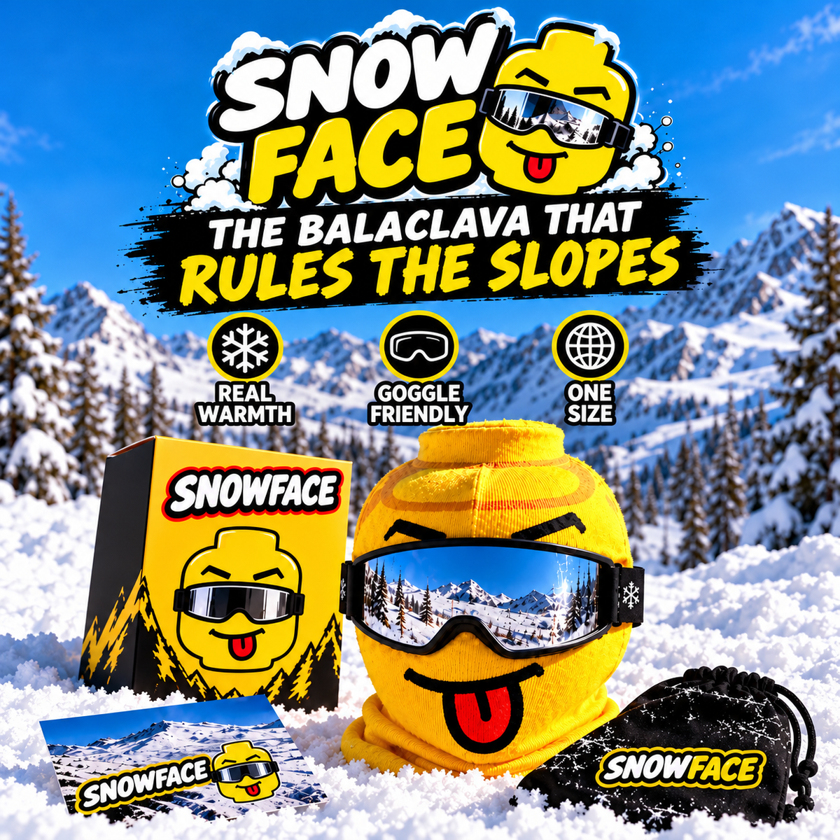 SnowFace funny ski mask in the snow
