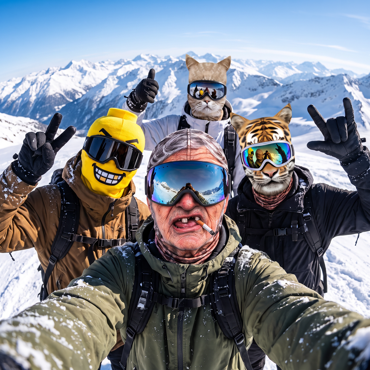 Amigos en la nieve con pasamontañas SnowFace